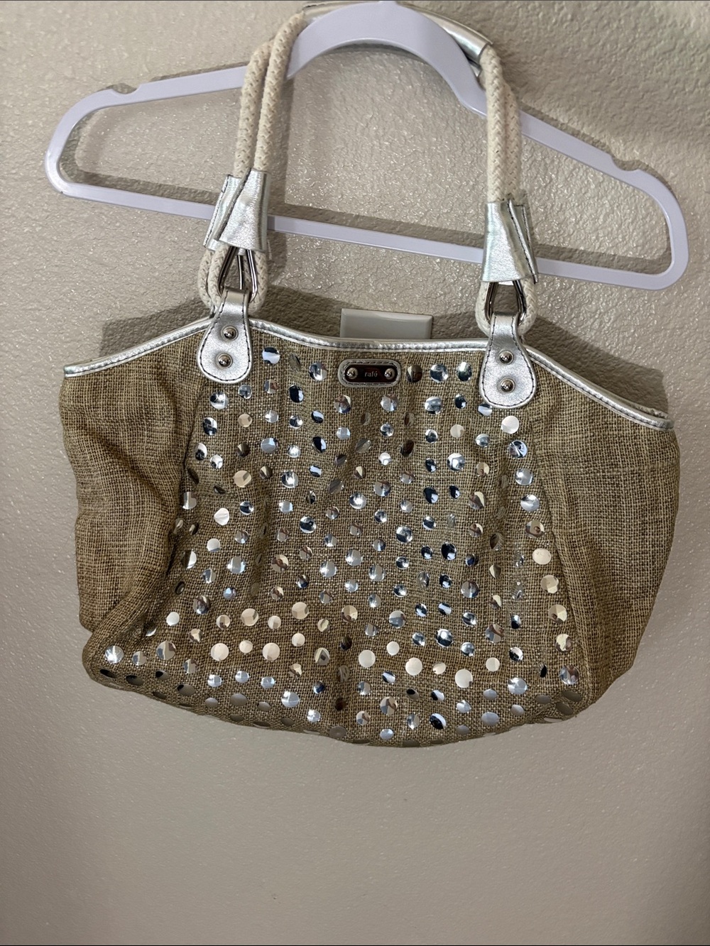 Beige Studded Rafē Tote Bag with Silver Accents